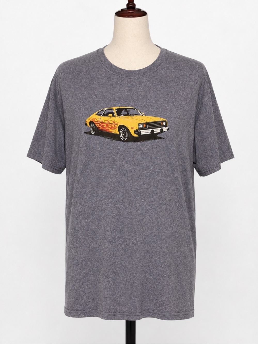 Flaming Ford Pinto Graphic Tee- Yellow Car Print. blue shirt- M